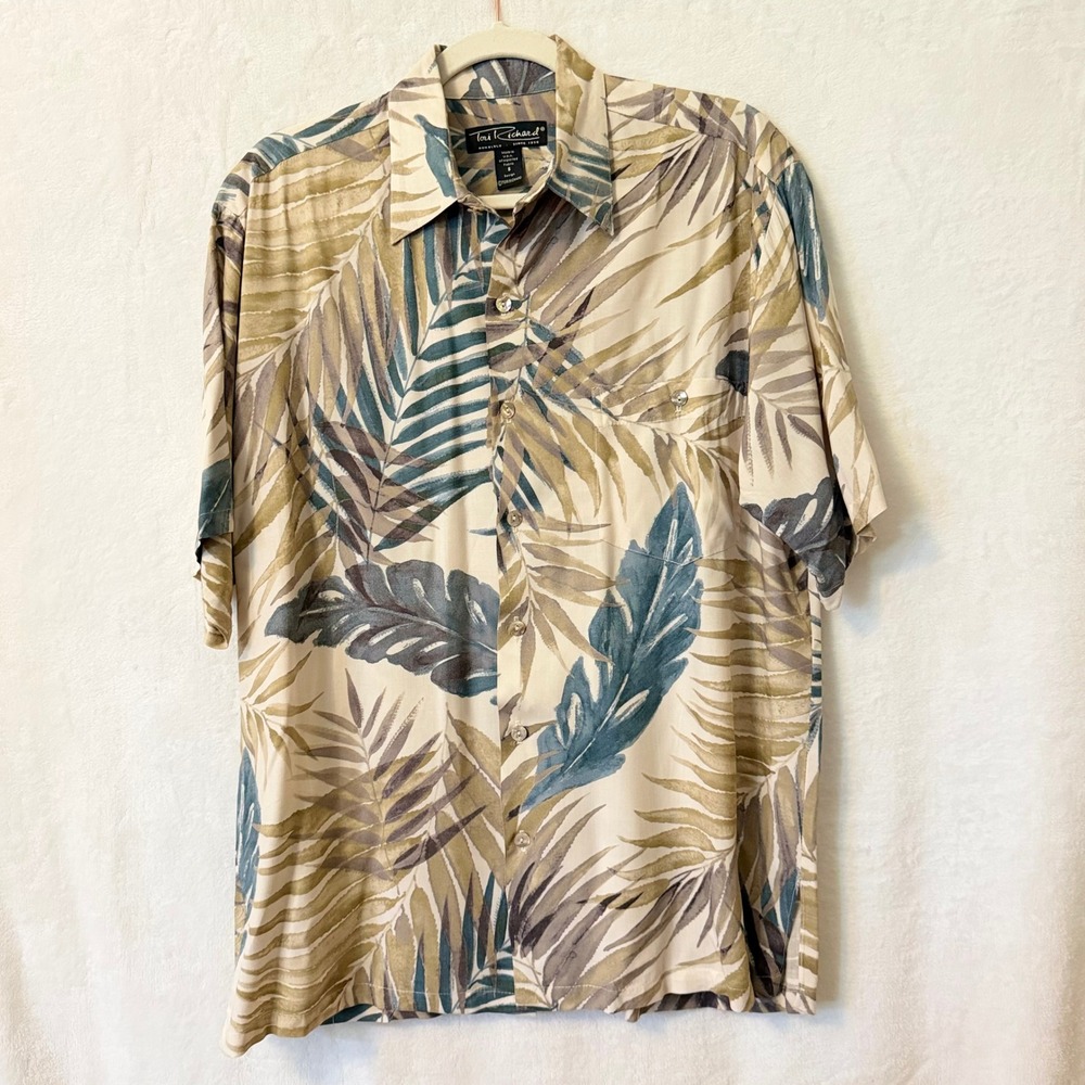 VTG‎ Tori Richard Hawaiian Shirt Mens S Tan Teal Palm Viscose Hawaii, USA Boho